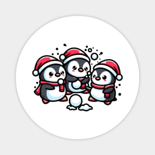 Adorable Cute Penguin Santa Hat Winter Snowball Fight Magnet